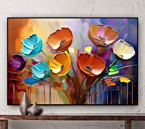 This is an abstract image of flowers, digitally created to resemble an oil or acrylic paint look using a palette knife technique. The flowers resemble poppies or wildflowers, but their vibrant and diverse colors suggest they are stylized rather than realistic representations. The rich texture and expressive brushstroke-like effect add to the artistic feel rather than aiming for botanical accuracy.