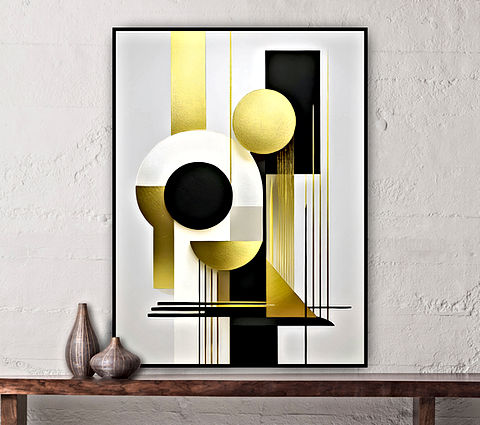 The image presents a striking geometric composition. The centerpiece are two large circles, one black and one gold, surrounded by black and gold lines and geometric shapes in a variety of colors including black, gold and white. The arrangement of these shapes creates a sense of depth and complexity. The image is framed by a light gray border.