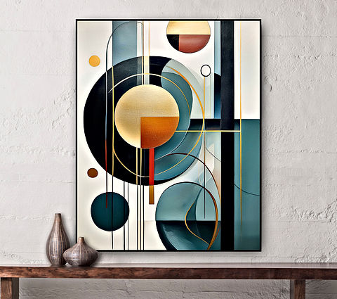 The image displays an abstract painting featuring geometric shapes and lines. There are various circles and semi-circles in shades of blue, brown, and beige, intersected by vertical and horizontal lines in black and grey. The composition creates a sense of balance and harmony through the use of color and form.