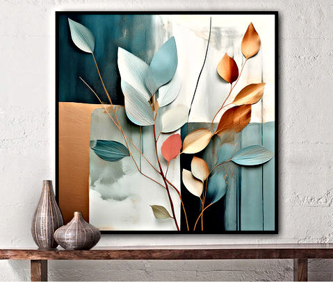 A contemporary take on botanical themes, with stylized leaves in teal and copper tones. The background is divided into sections of varying colors, creating a layered effect. The use of metallics and soft gradients adds depth and richness to the image.