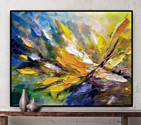 This image is a vibrant abstract with thick, textured brushstrokes in a mix of bold and soft colors. The composition resembles an explosion of organic forms, possibly inspired by nature, such as flowers or leaves in motion. The dominant colors include shades of yellow, green, blue, and purple, blending harmoniously to create depth and energy. The use of impasto-style painting techniques gives it a rich, dynamic feel, evoking a sense of movement and transformation. The overall mood is uplifting and expressive, reminiscent of impressionist and modern abstract art.