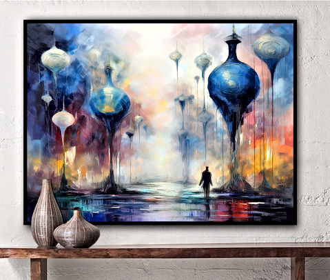 The image is an abstract featuring vibrant colors and blurred shapes. Central to the image is a solitary figure walking towards the viewer, flanked by tall, tree-like structures with rounded tops. The colors suggest a setting at dusk or dawn, creating a dreamlike atmosphere.
