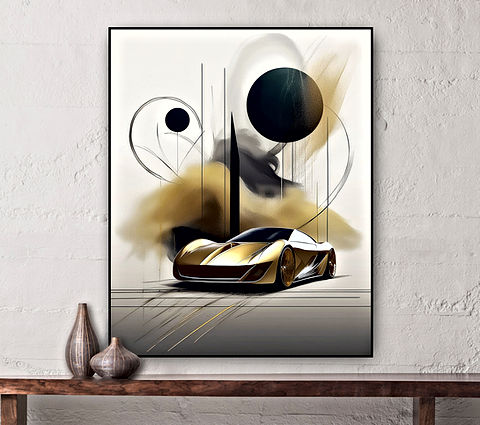 This image showcases a sleek, futuristic sports car with a gold metallic finish, set against an abstract and artistic background. The car features an aerodynamic design with smooth curves, sharp edges, and stylish gold wheels, giving it a high-performance, luxury feel. The background blends geometric and organic elements, including black and gold circular shapes, sharp vertical lines, and a smoky, atmospheric texture that adds depth and motion. The overall composition has a modern, conceptual art style, combining automotive design with abstract aesthetics for a striking visual impact.