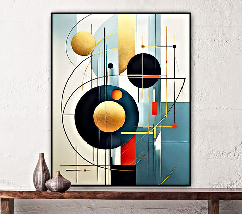 This is an abstract geometric image featuring a combination of circles, lines, and intersecting shapes in a modern, Art Deco-inspired style. The color palette includes gold, black, white, shades of blue, and red, creating a visually striking composition. The use of gold accents and textured elements adds a sense of depth and sophistication. The arrangement of shapes suggests movement and balance, reminiscent of constructivist or Bauhaus design principles.