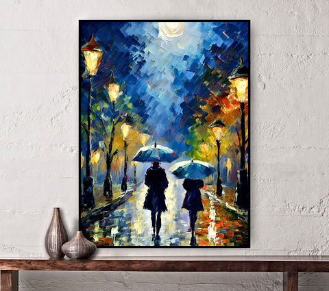 The image depicts two individuals walking down a wet street at night, illuminated by street lamps and holding umbrellas. The scene conveys a moody atmosphere with vibrant colors and impressionistic brushstrokes, adding to the visual interest of the artwork.