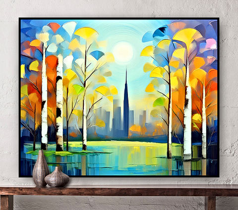 The image depicts a colorful, stylized painting of a landscape. In the foreground, there are several trees with multicolored leaves, suggesting an autumnal scene. The trees have white trunks and are placed on either side of the image, framing a view of a calm body of water that reflects the trees and colors. In the background, there is an outline of a city skyline with skyscrapers piercing through the horizon. The sky is rendered in shades of blue and yellow, giving an impressionistic feel to the scene.