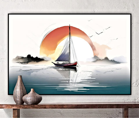 The image shows a sailboat on calm waters with a large, stylized sun setting or rising in the background. The scene is serene and uses soft colors, creating a tranquil atmosphere. There are also faint images of birds in flight near the sun.