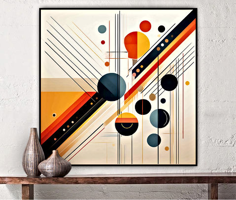 The image shows an abstract design with various geometric shapes, including circles and lines, in a range of sizes and colors such as orange, black, and grey. The composition is dynamic, with elements that appear to be in motion across a light background.