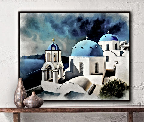This image is a stunning artistic rendering of Santorini, Greece, featuring the island's iconic blue-domed churches set against a dramatic sky. The whitewashed architecture contrasts beautifully with the rich blue hues of the domes and the deep tones of the Aegean Sea in the background. The artwork has a painterly, watercolor-like effect, giving it a dreamlike and almost surreal quality. The dark, moody clouds add an element of depth and emotion, making the scene feel both peaceful and powerful. This composition perfectly captures the essence of Santorini—its charm, elegance, and timeless beauty.