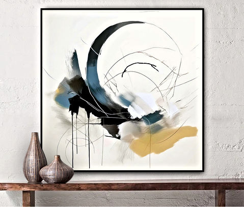 The image is an abstract painting featuring dynamic swirls and drips in black, white, blue, and gold on a light background. The composition creates a sense of movement and energy.