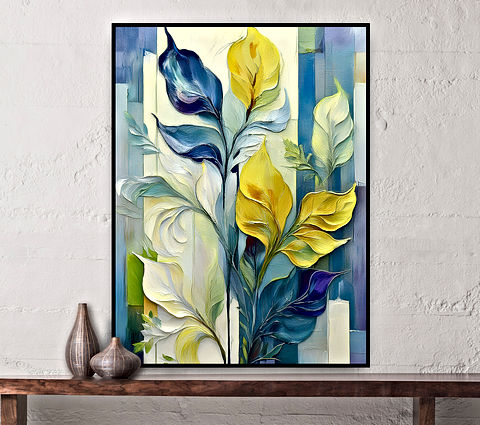 The image shows a stylized painting of a plant with elongated leaves in blue, yellow, and white. The background features vertical stripes in various shades of blue and white, creating a striking contrast with the plant.