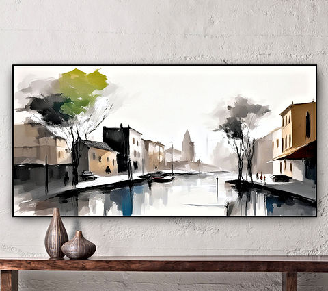 The image depicts a serene cityscape with a canal running through the center. The canal is flanked by buildings of varying heights, with a church on the right side. The sky above is a light gray, and the water in the canal is a darker gray. The buildings are painted in shades of beige and brown, with a few trees scattered throughout the scene.