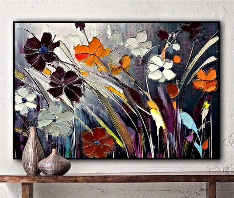 The image shows a colorful abstract painting of various flowers in different shades and sizes. Prominent white flowers with multiple petals are surrounded by splashes of yellow, purple, and brown hues. The dynamic brush strokes and vibrant colors create an energetic and lively feel.