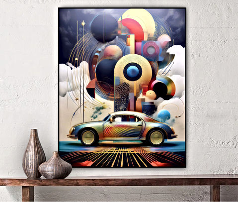 The image shows a colorful, abstract scene with a classic Volkswagen Beetle painted in a rainbow gradient. The car is on a reflective surface, surrounded by floating geometric shapes. The background features a cloudy sky, giving the image a surreal and dreamlike quality.