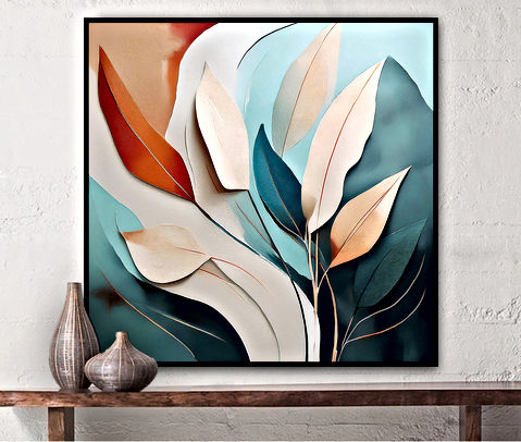 This image combines natural elements with a modern, abstract style. The leaves, in varying shades of blue and copper, stand out against dark to light shades of blue. The use of metallic tones adds a touch of elegance to the composition.