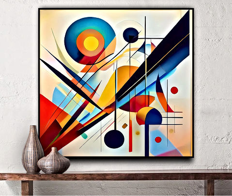 The image features an abstract painting with a sleek, futuristic car in motion. The car is highlighted in gold and white tones, set against a soft gray and black background. Dynamic, swirling patterns and expressive brushstrokes add a sense of movement and energy to the composition. This artwork blends modern design with abstract elements, making it a striking piece for any contemporary space.