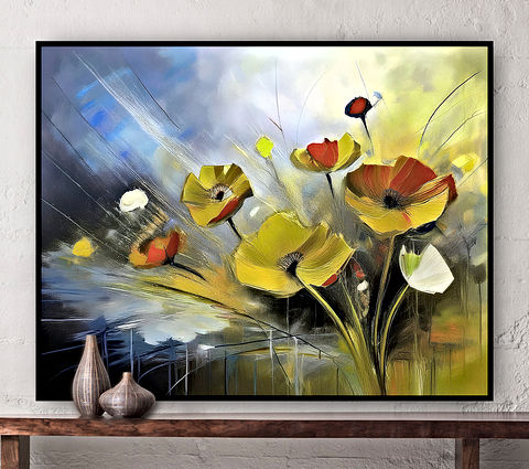 This image features a vibrant abstract flowers, with swirling textures and vivid colors. The dominant hues are yellow, red and green, set against a background that transitions from dark to light, creating a dynamic and visually striking composition.