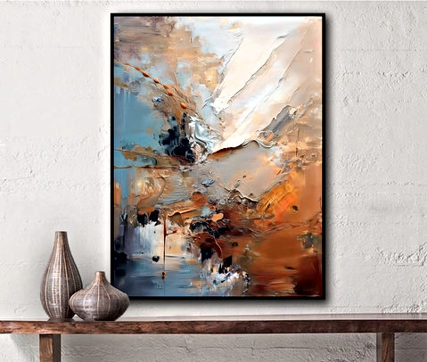 This abstract image shows a dynamic blend of blue, white, and orange hues. The brush strokes create a sense of movement and energy, giving the artwork a lively feel.
