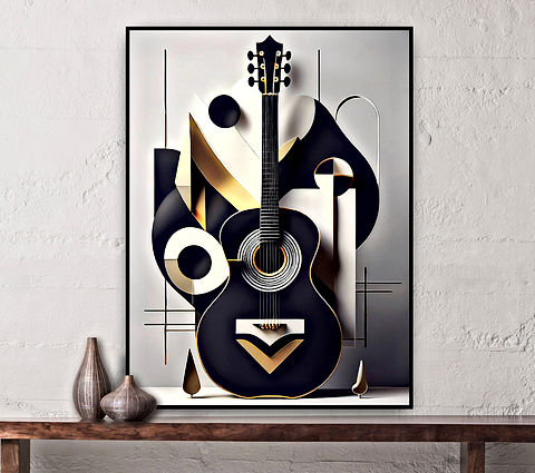 The image portrays a guitar in a stylized, geometric form, utilizing a minimalist black color scheme with subtle gold and white highlights. The design integrates sharp lines, circular forms, and angular patterns, offering a sophisticated and artistic representation that combines musical and architectural influences.