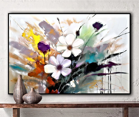 The image shows a colorful abstract painting of flowers. There are at least two prominent white flowers with multiple petals, surrounded by splashes of yellow, purple, and brown hues in the background. The dynamic brush strokes and vibrant colors give the painting an energetic and lively feel.