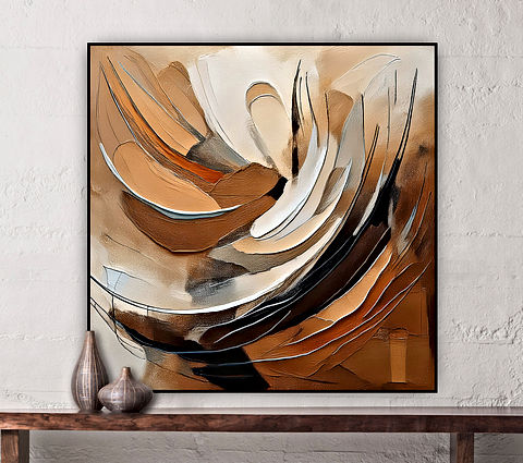 This image is an abstract composition featuring sweeping, curved lines and shapes in earthy tones of brown, beige, and cream, with touches of black and white. The shapes appear layered and textured, creating a sense of movement and flow, as if the elements are swirling together. The smooth, rounded forms and warm color palette evoke a feeling of fluidity and organic motion, giving the artwork a dynamic yet calming presence.