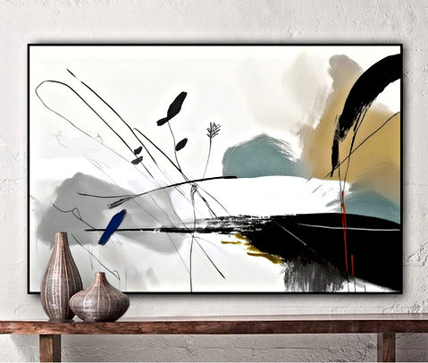 The image is an abstract artwork featuring black shapes resembling feathers or leaves, floating against a muted background of beige, blue, and black tones. A prominent horizontal black stroke anchors the composition.