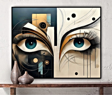 A digital abstract illustration of a pair of eyes, rendered in a striking contrast of blue and white. The eyes are the central focus of the image, with their vibrant colors and intricate details. The background is a stark black, providing a strong contrast to the blue and white of the eyes. The eyes are framed by a thin black line, adding a sense of depth and dimension to the image.