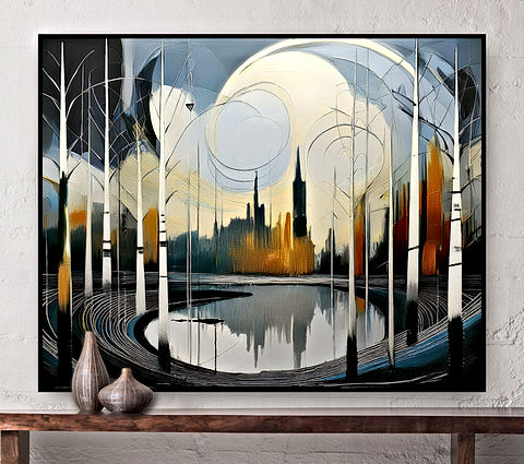 The image depicts an abstract cityscape with vertical and curved lines suggesting skyscrapers. The color palette includes muted tones with highlights of orange and yellow, indicating a sunrise or sunset. In the foreground, a circular shape, possibly representing the sun or moon, is reflected in a body of water below. Translucent arcs overlay the scene, adding depth and dimension.