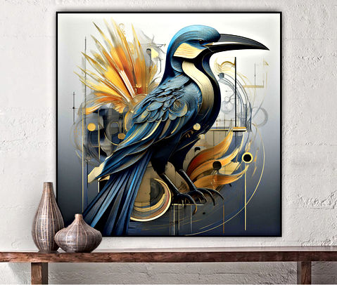 The image shows a stylized artwork of a bird with vibrant blue and yellow plumage, set against a background featuring geometric shapes and mathematical equations. The bird appears to be in motion, with dynamic lines suggesting movement. The combination of organic and mathematical elements creates an interesting blend of nature and abstract concepts.