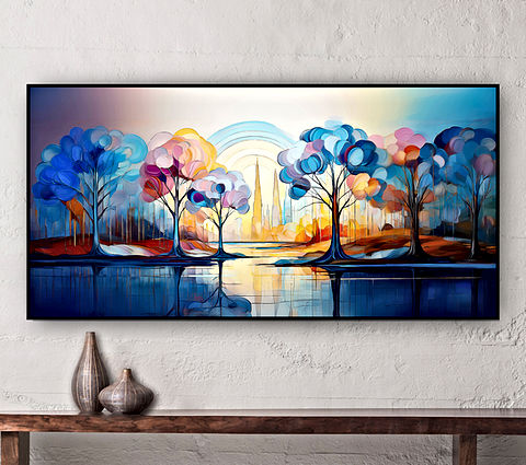 This is a brilliantly colorful Image of a landscape. It features stylized trees with multicolored foliage in shades of blue, purple, and pink. In the background, there is a sunrise or sunset with warm tones, and a rainbow arches over the scene. Below the trees, there is a reflection suggesting the presence of water, giving the impression of a lakeside view. The vibrant colors and whimsical interpretation of nature create a calm and fantastical atmosphere.