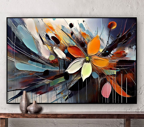 The image shows an abstract painting with a burst of colors and shapes resembling a flower off center. The vibrant colors and dynamic lines stand out against a dark background.