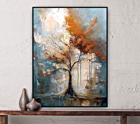 An abstract tree with detailed textures in bronze and brown, blending into a soft blue-gray background, evoking a sense of movement.