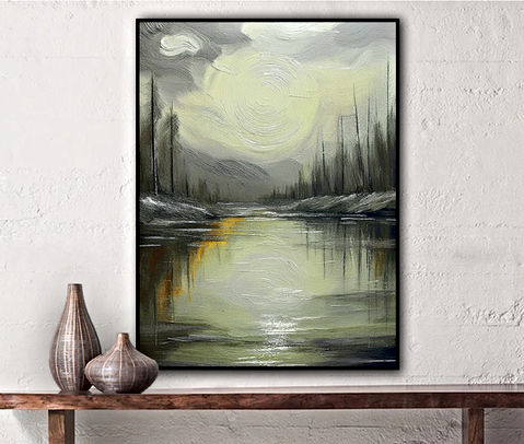 The image captures a tranquil, atmospheric landscape featuring a still body of water reflecting a soft, glowing sky. The swirling brushstrokes create a dreamy texture, especially in the depiction of the luminous moon (or sun) shrouded in mist. Tall, spindly trees on either side of the scene add a sense of depth and isolation. The muted color palette, dominated by shades of gray, green, and gold, enhances the mood of quiet contemplation, while the warm golden reflections on the water introduce an element of mystery and warmth. This piece evokes a sense of solitude, calm, and the quiet beauty of nature at twilight.