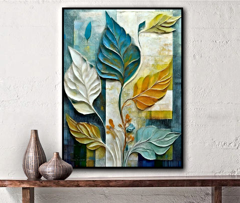 This is a beautifully textured, semi-abstract painting featuring a composition of large, elegant leaves in various colors, including deep blue, teal, white, golden yellow, and earthy green tones. The leaves have a flowing, organic quality, with fine detailing that gives them a three-dimensional appearance. The background consists of a geometric patchwork of textured squares and rectangles in muted shades of blue, green, and yellow, adding depth and contrast to the organic forms of the leaves. The overall aesthetic is a blend of nature-inspired abstraction with a contemporary, artistic touch.