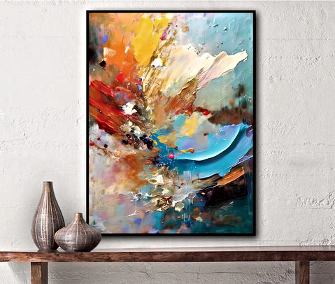 The image is an abstract painting with vibrant colors like blue, orange, yellow, and brown, featuring dynamic strokes and splashes. The composition is energetic and visually stimulating.