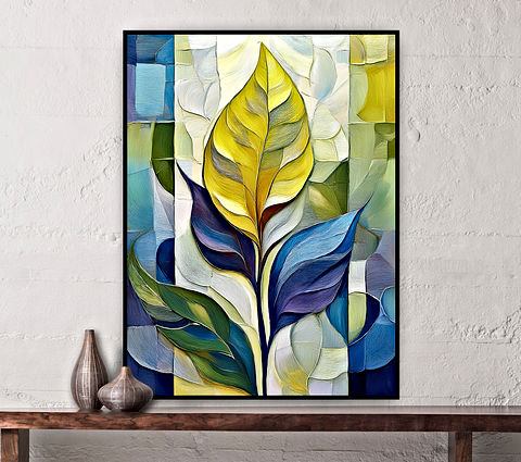 The image shows an abstract painting of a stylized plant with vibrant leaves in yellow, green, blue, and purple. The background features geometric shapes in various shades of blue.