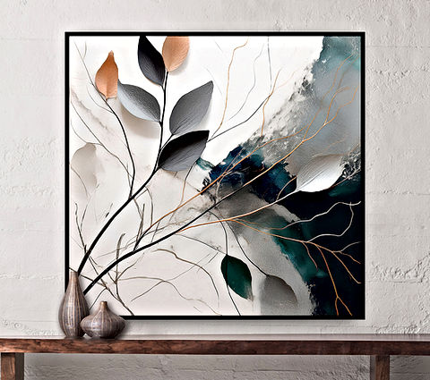 The image presents a minimalist approach to botanical art, with a focus on the delicate interplay of leaves and branches. The leaves, in hues of grey, green and brown, are arranged in a flowing pattern against a calming, abstract background that blends teal, grays and white tones.