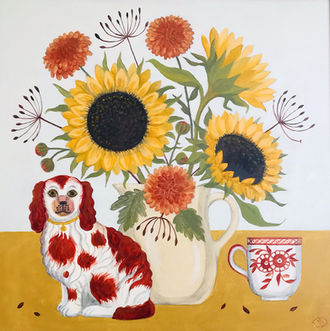 Catriona Hall - Painting - Dog Dahlias and Sunflowers - Original Framed Painting