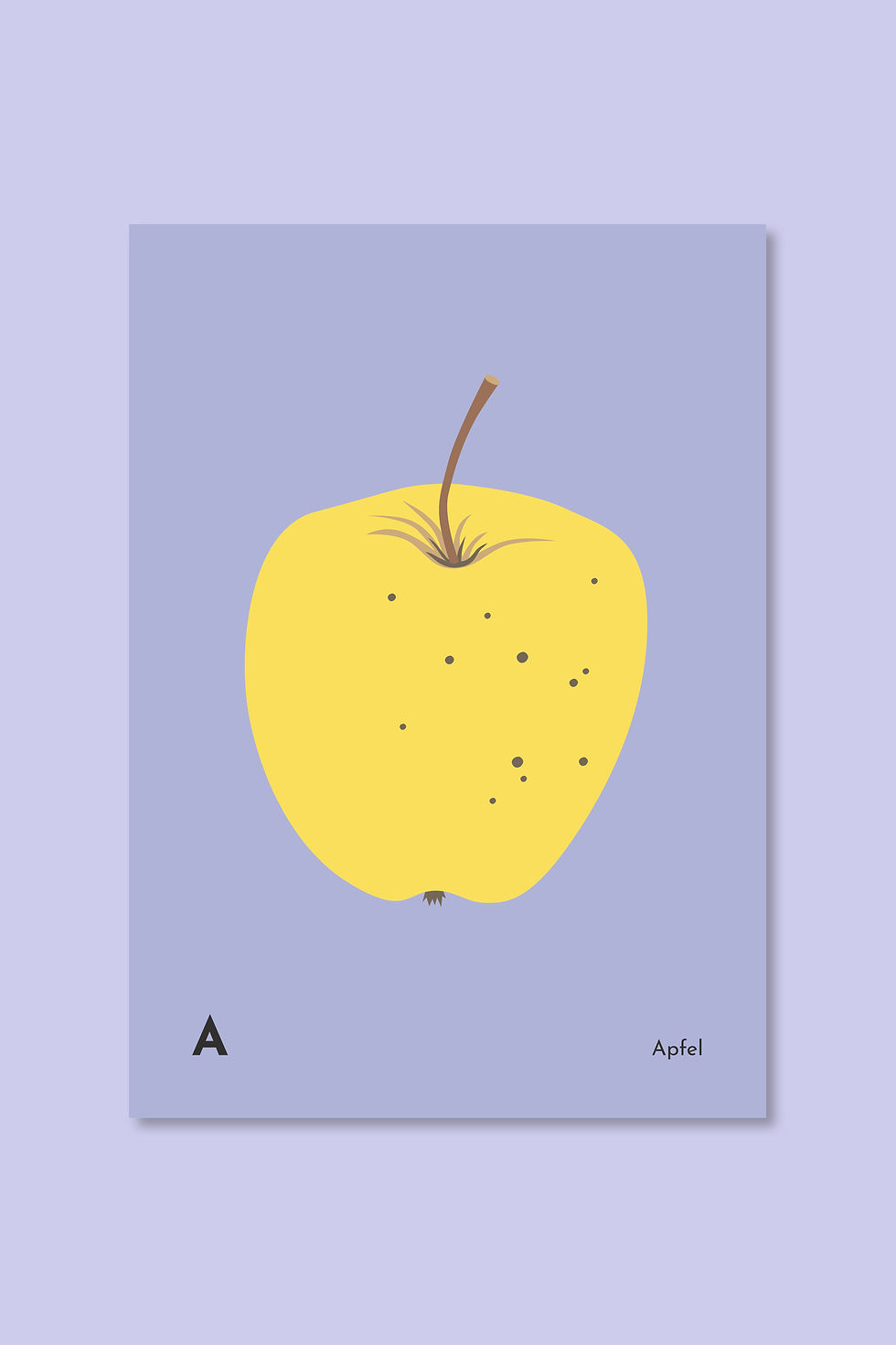 lila Poster mit gelbem Apfel. Unten Buchstabe A und das Wort Apfel