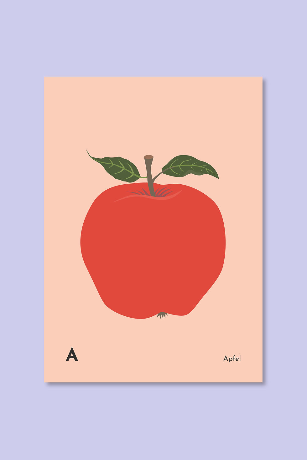 hellorangenes Poster mit rotem Apfel. Unten Buchstabe A und das Wort Apfel