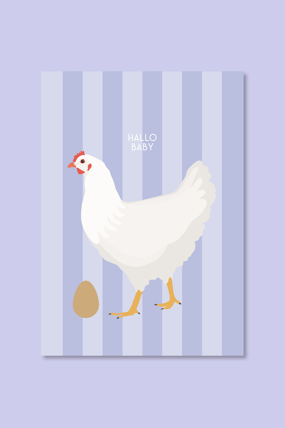 lila gestreifte Postkarte mit illustriertem weißem Huhn und braunem Ei, mit Schriftzug Hallo Baby