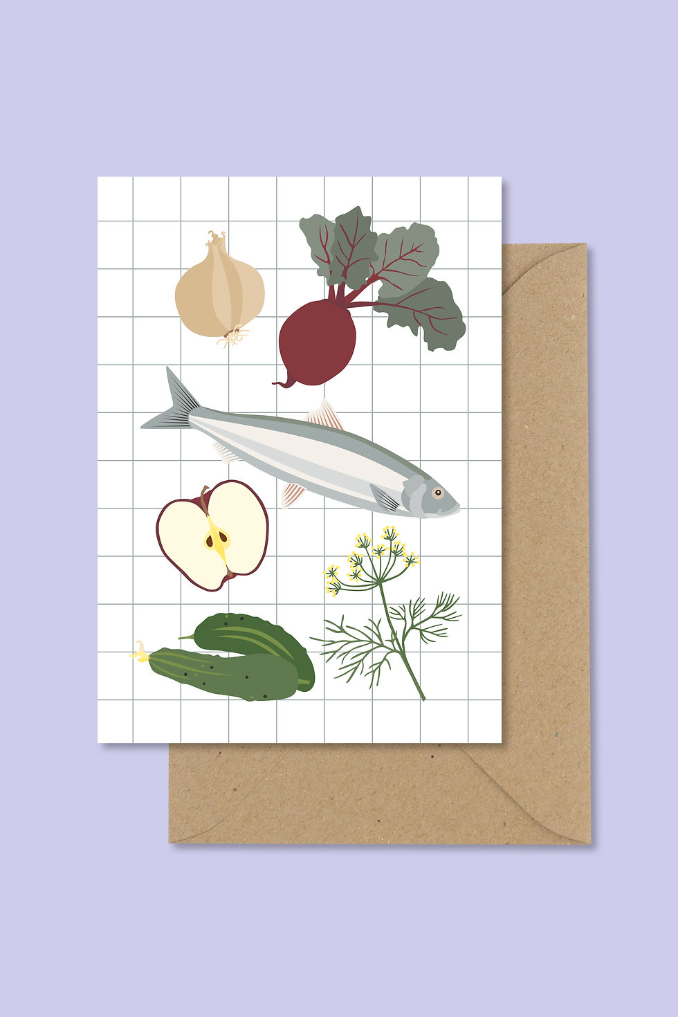 Miniaturbild: Postkarte illustration Zutaten Heringssalat vor Umschlag aus Kraftpapier
