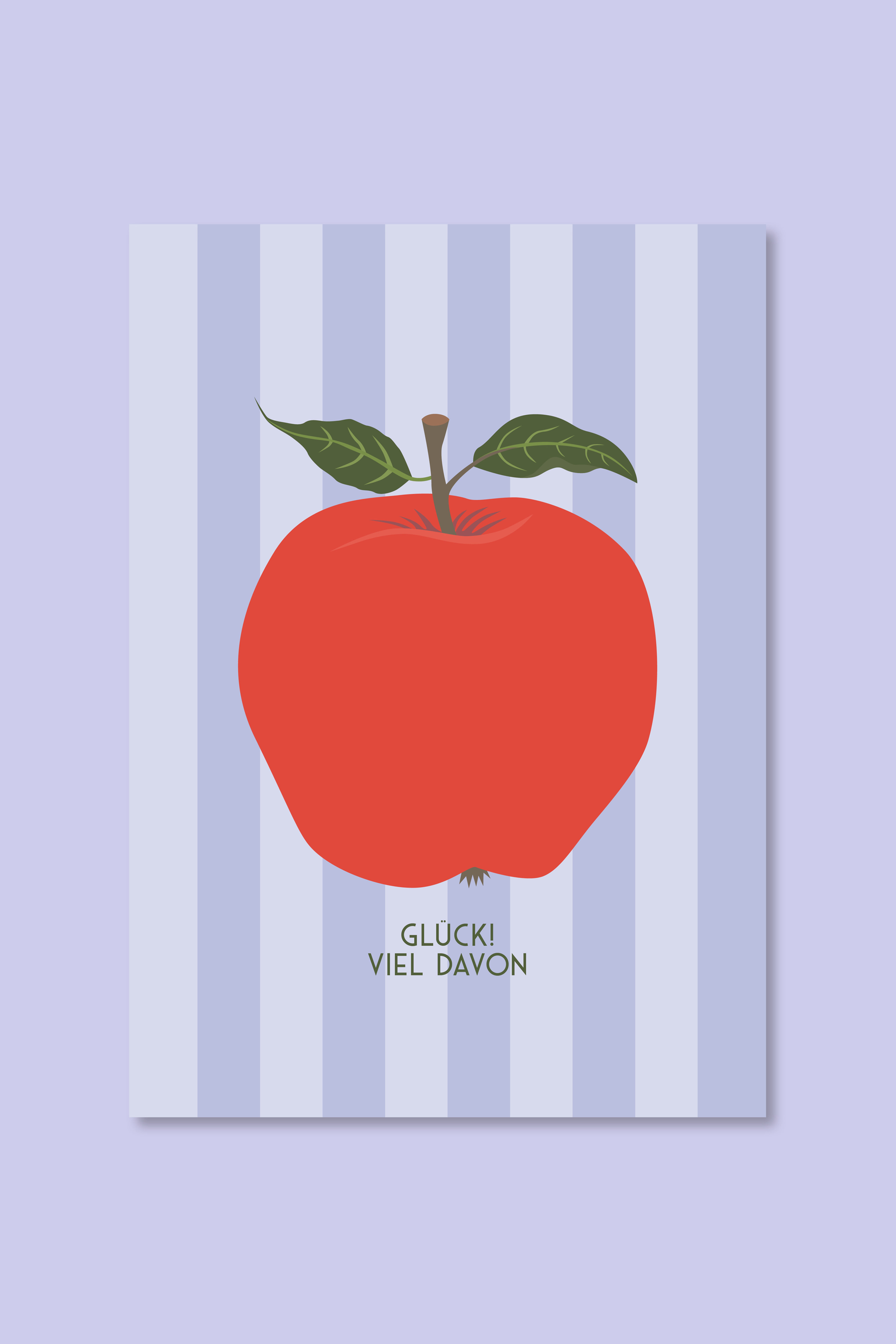 lila gestreifete Postkarte mit rotem Apfel und grüner Schrift, Glück! Viel davon