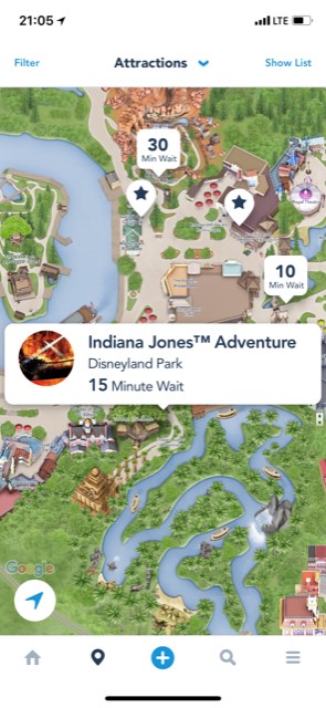 screenshot of wait time for Indiana Jones