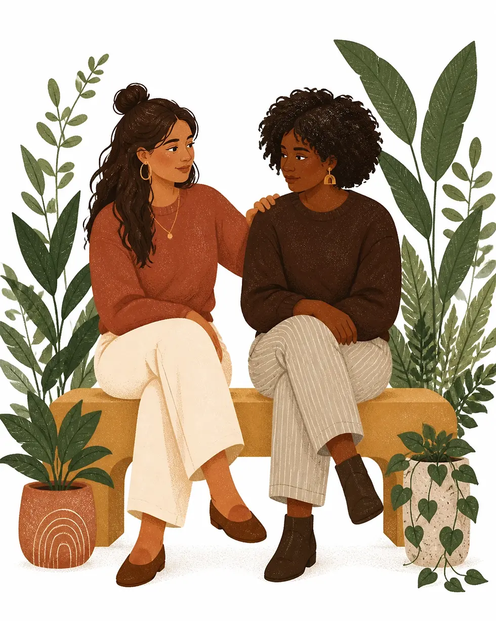 Women Sitting on Bench Talking