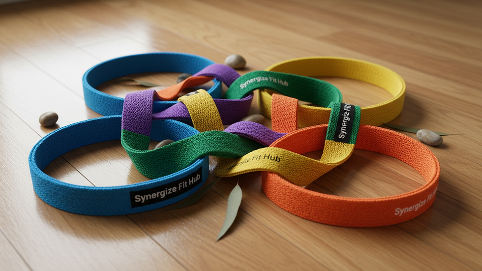 Close-up view of colourful resistance bands laid out on a wooden floor