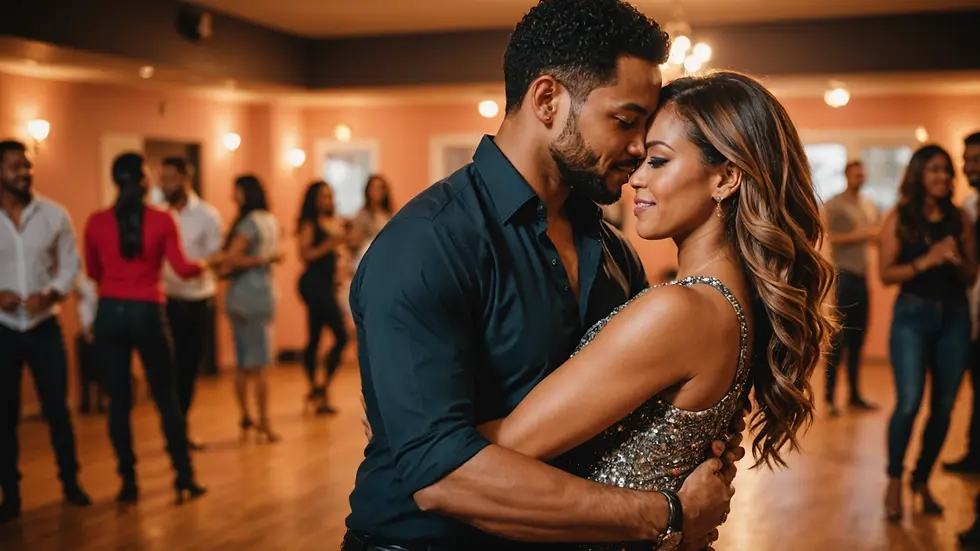 Bachata dancers enjoying a close embrace