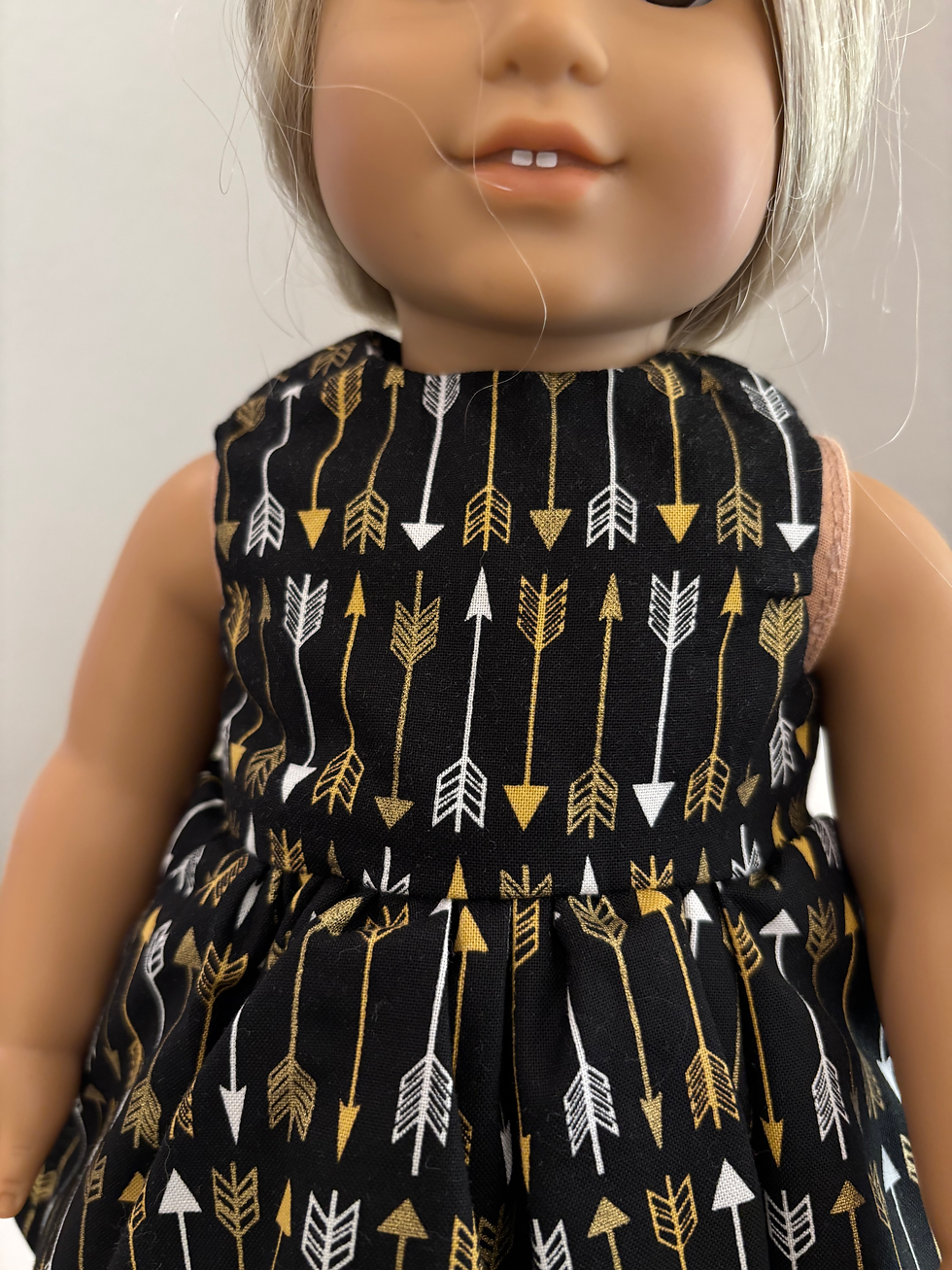 Thumbnail: Coat & Dress Ensemble with Arrow Print Dress, Bonnet, Stockings & Shoes