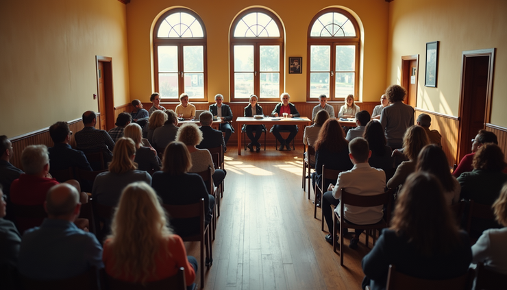 High angle view of a community center with people gathered for a support meeting