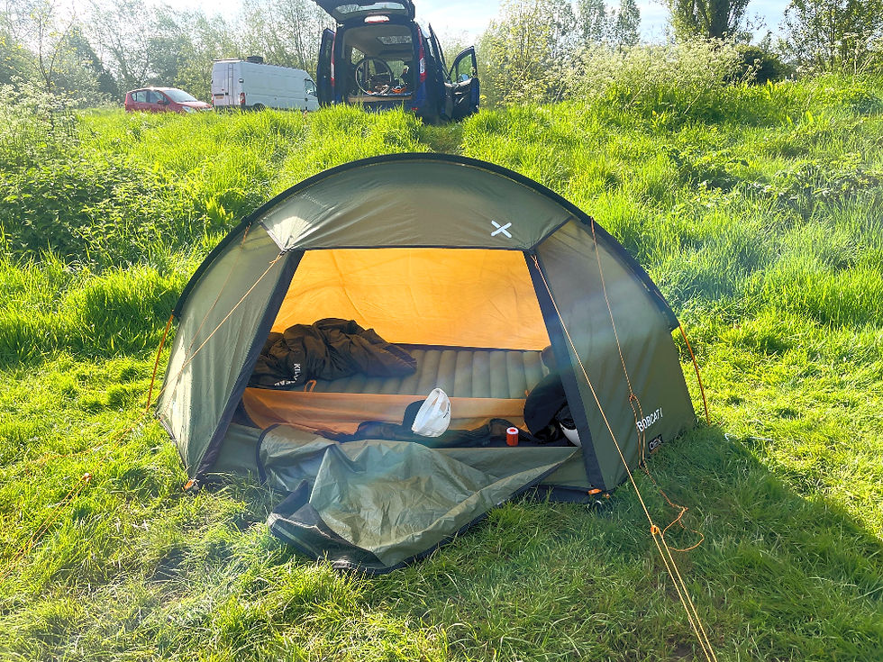 "OEX Bobcat 1 Ultralight tent set up at Holycombe camping, Cotswolds